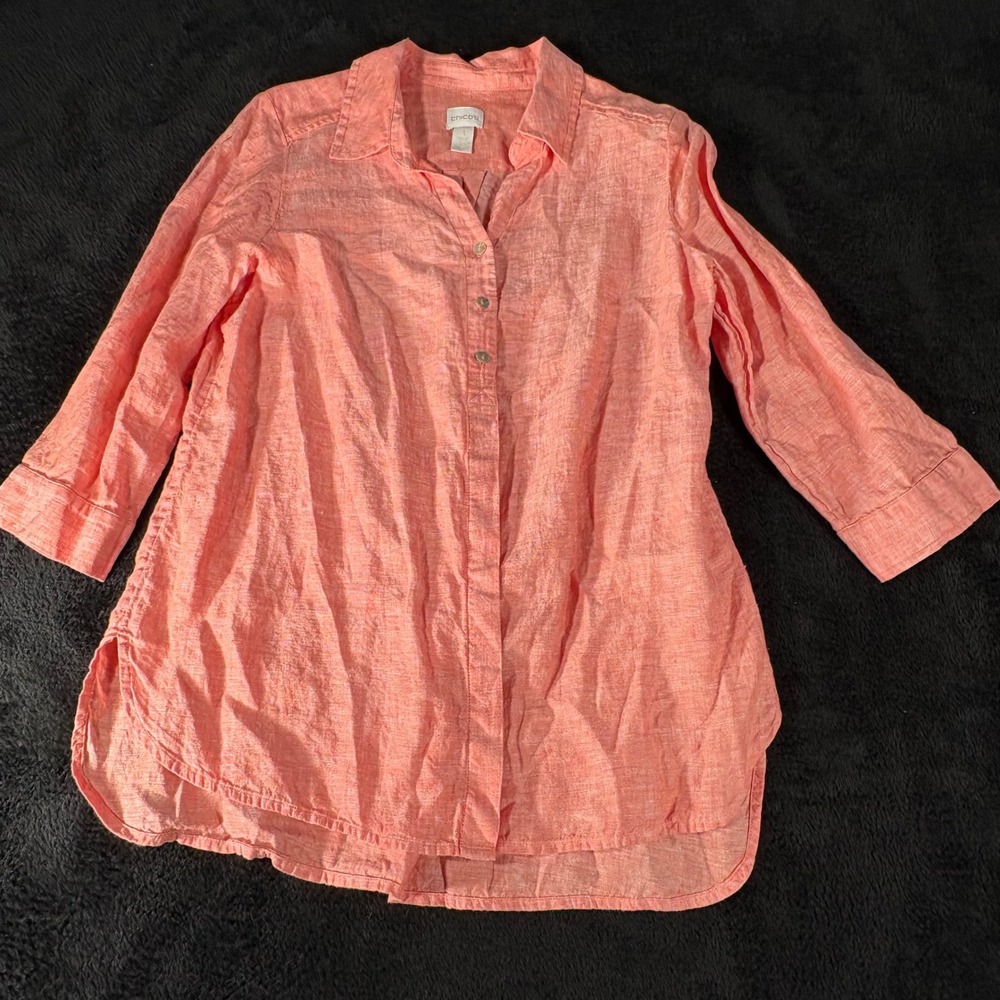 Chicos Women's Size 1 Linen Top Salmon Coral 3/4 Sleeve Button Down Tunic
